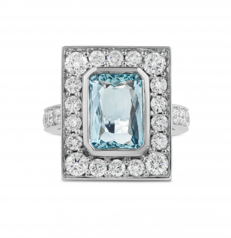 Diamond and aquamarine square platinum ring