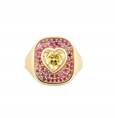 Yellow diamond and pink sapphire heart ring