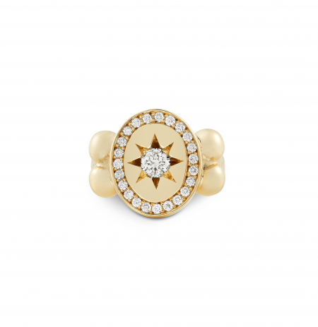 Star set bobble signet ring with halo