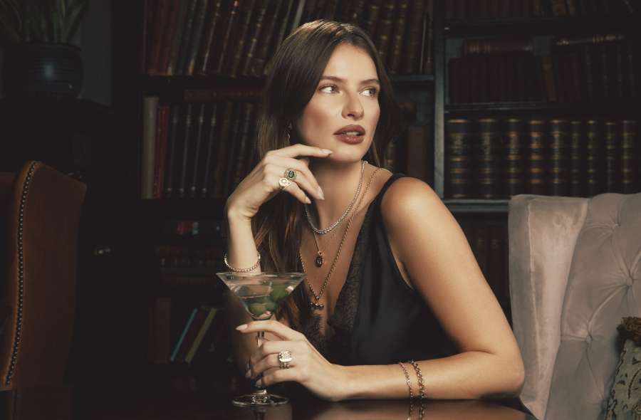 Georgina wears Philippa Herbert in the library of 11 Cadogan Gardens